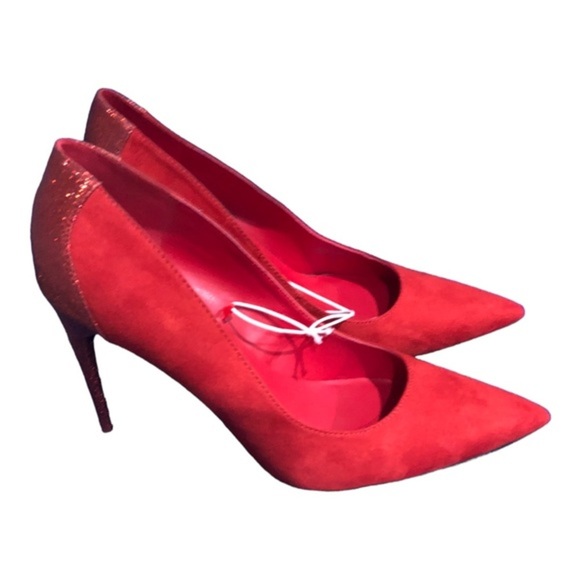 Marc Fisher red suede & glitter pointy toe stiletto pump heels size 11 brand new - Picture 2 of 12